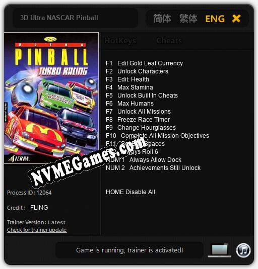 3D Ultra NASCAR Pinball: Cheats, Trainer +14 [FLiNG]