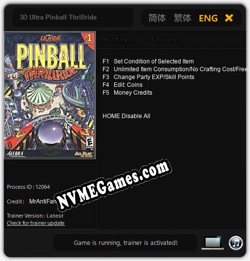 Treinador liberado para 3D Ultra Pinball Thrillride [v1.0.1]