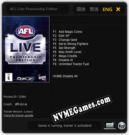 AFL Live: Premiership Edition: Treinador (V1.0.57)