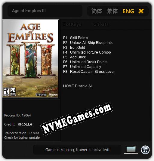 Age of Empires III: Trainer +8 [v1.2]