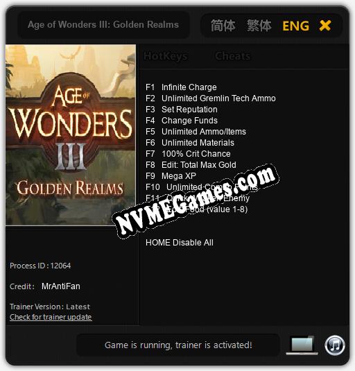 Age of Wonders III: Golden Realms: Trainer +12 [v1.2]