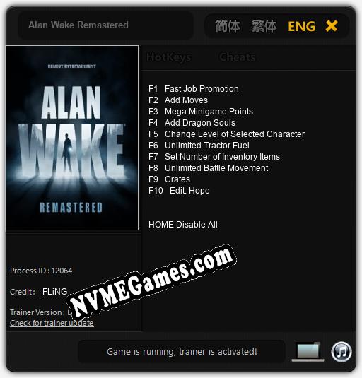 Treinador liberado para Alan Wake Remastered [v1.0.4]