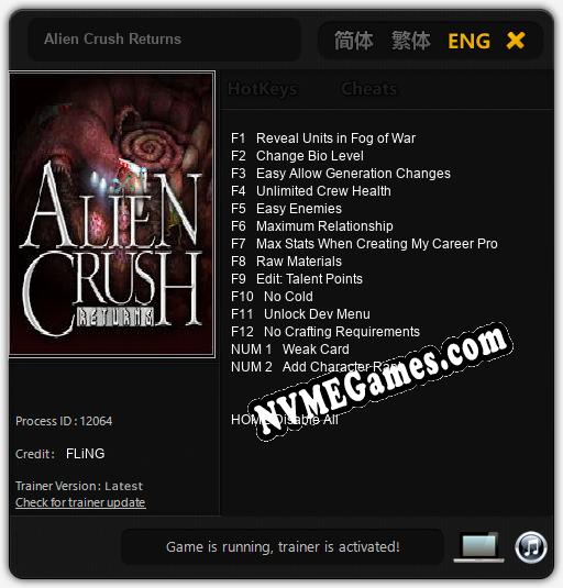 Treinador liberado para Alien Crush Returns [v1.0.3]