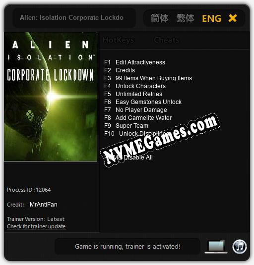 Treinador liberado para Alien: Isolation Corporate Lockdown [v1.0.4]