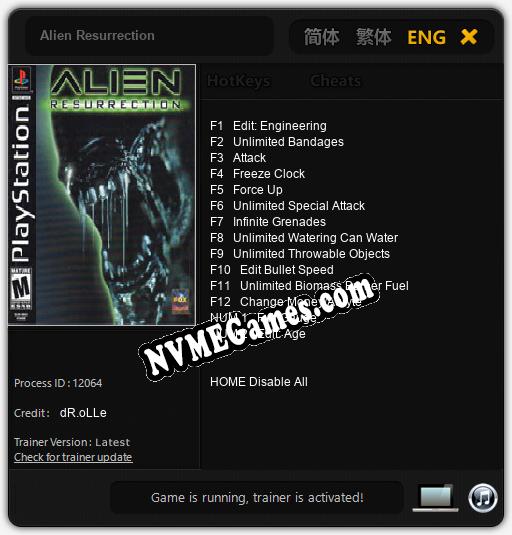 Treinador liberado para Alien Resurrection [v1.0.3]