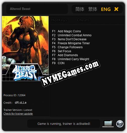 Treinador liberado para Altered Beast [v1.0.5]