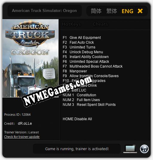 American Truck Simulator: Oregon: Treinador (V1.0.9)