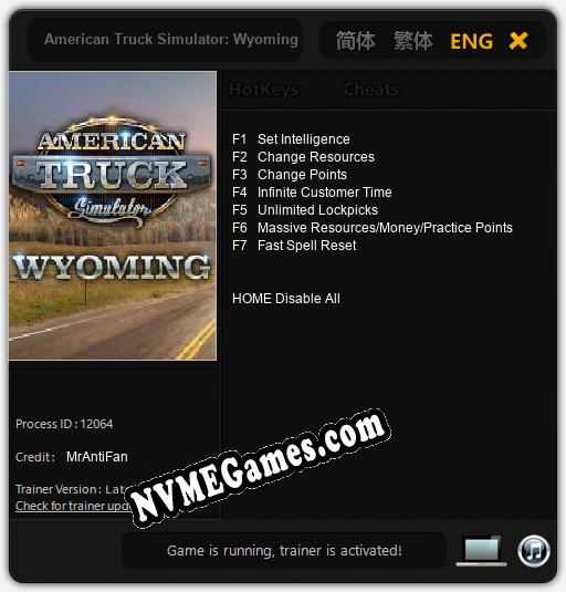 American Truck Simulator: Wyoming: Treinador (V1.0.87)