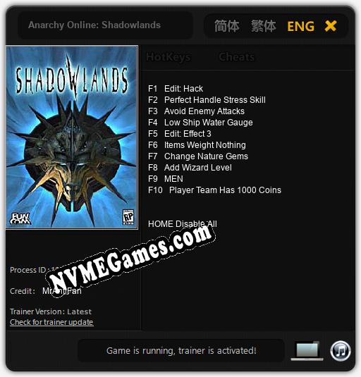 Treinador liberado para Anarchy Online: Shadowlands [v1.0.2]