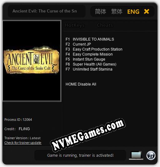 Treinador liberado para Ancient Evil: The Curse of the Snake Cult [v1.0.2]