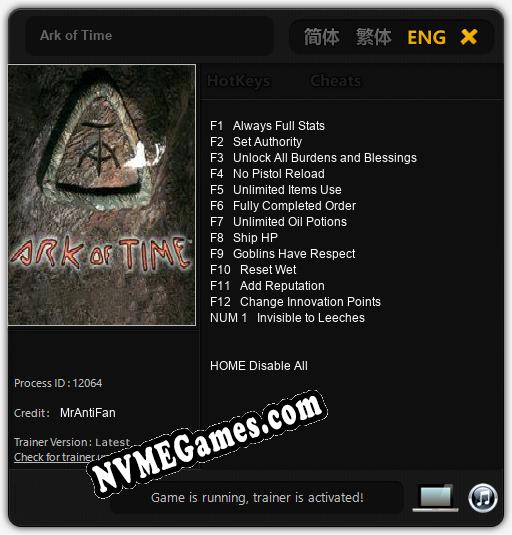 Treinador liberado para Ark of Time [v1.0.8]