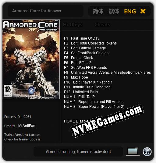 Armored Core: for Answer: Cheats, Trainer +15 [MrAntiFan]