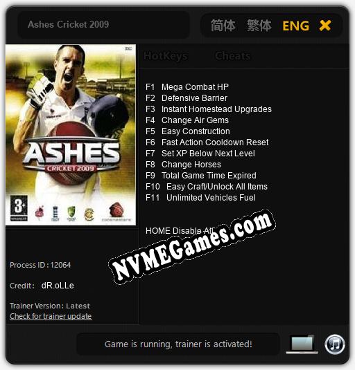 Ashes Cricket 2009: Trainer +11 [v1.9]