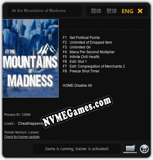 Treinador liberado para At the Mountains of Madness [v1.0.6]