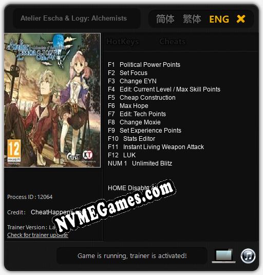 Atelier Escha & Logy: Alchemists of the Dusk Sky: Trainer +13 [v1.2]