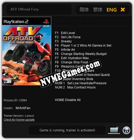 Treinador liberado para ATV Offroad Fury [v1.0.6]