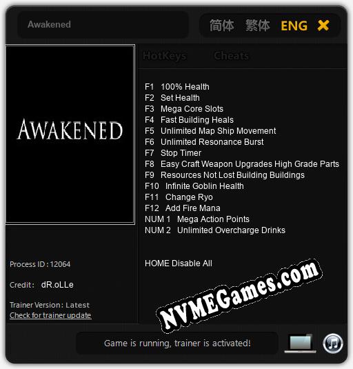 Treinador liberado para Awakened [v1.0.9]