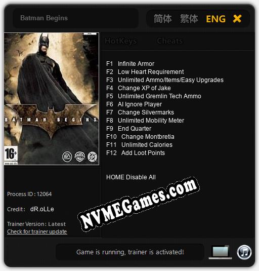 Batman Begins: Cheats, Trainer +12 [dR.oLLe]