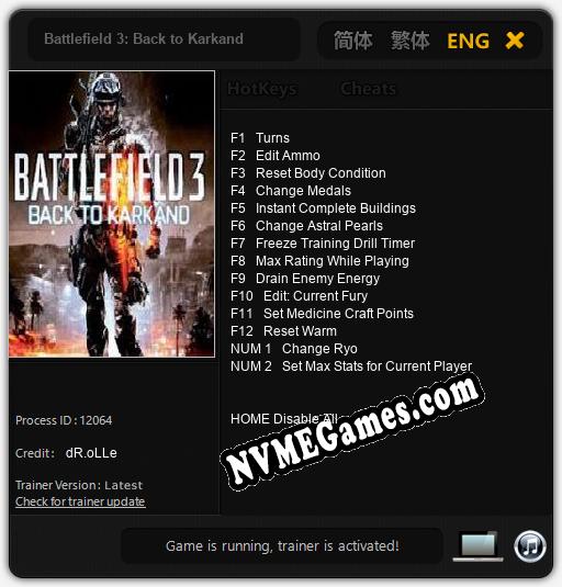 Treinador liberado para Battlefield 3: Back to Karkand [v1.0.5]