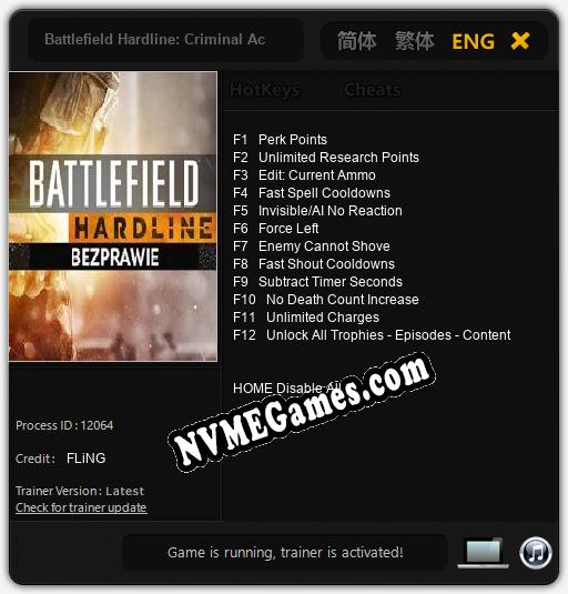 Battlefield Hardline: Criminal Activity: Cheats, Trainer +12 [FLiNG]