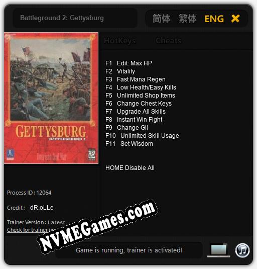 Treinador liberado para Battleground 2: Gettysburg [v1.0.3]