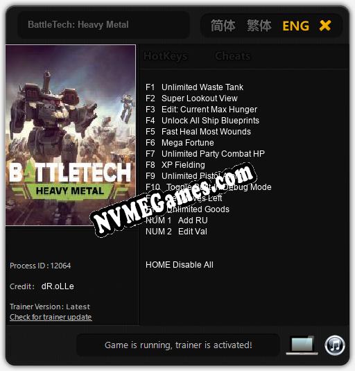 Treinador liberado para BattleTech: Heavy Metal [v1.0.8]