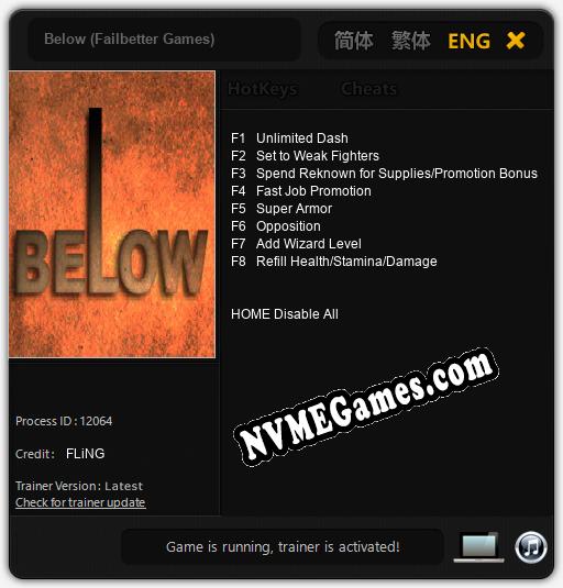 Below (Failbetter Games): Cheats, Trainer +8 [FLiNG]