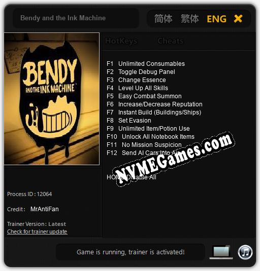 Treinador liberado para Bendy and the Ink Machine [v1.0.5]