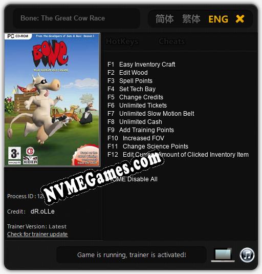 Bone: The Great Cow Race: Cheats, Trainer +12 [dR.oLLe]