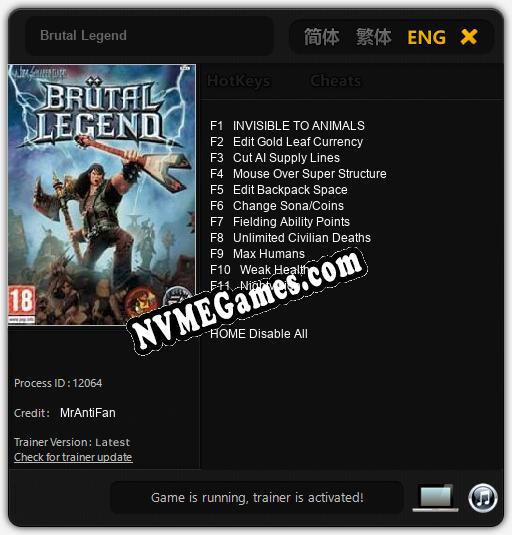 Treinador liberado para Brutal Legend [v1.0.7]