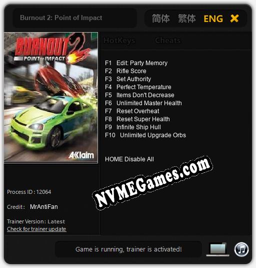 Treinador liberado para Burnout 2: Point of Impact [v1.0.2]