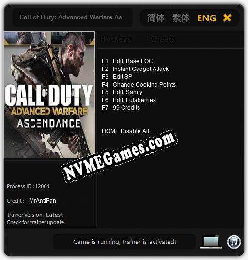 Treinador liberado para Call of Duty: Advanced Warfare Ascendance [v1.0.8]