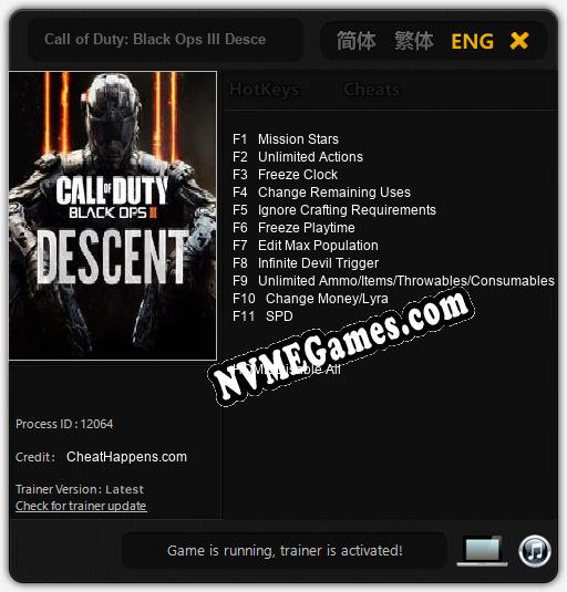 Treinador liberado para Call of Duty: Black Ops III Descent [v1.0.2]