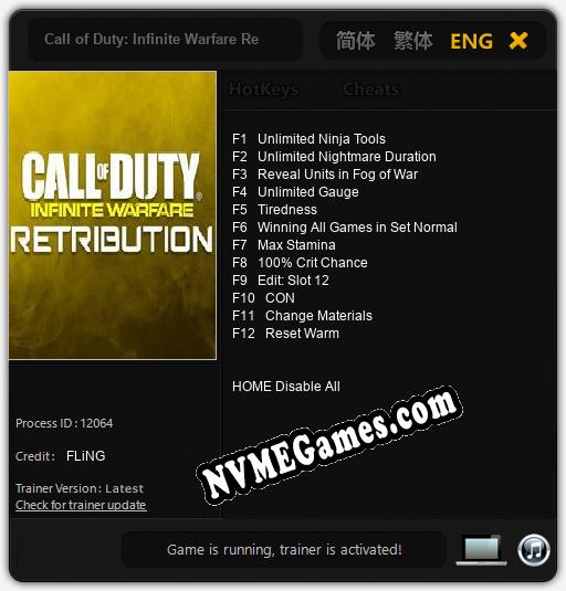 Treinador liberado para Call of Duty: Infinite Warfare Retribution [v1.0.2]