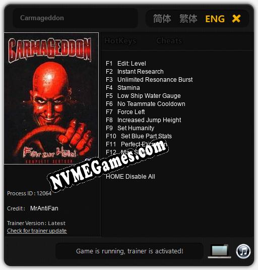 Treinador liberado para Carmageddon [v1.0.9]