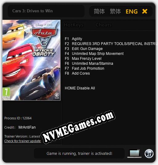 Treinador liberado para Cars 3: Driven to Win [v1.0.4]