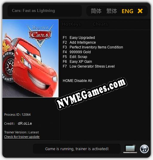 Cars: Fast as Lightning: Trainer +7 [v1.9]