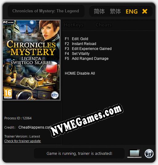 Chronicles of Mystery: The Legend of the Sacred Treasure: Treinador (V1.0.74)