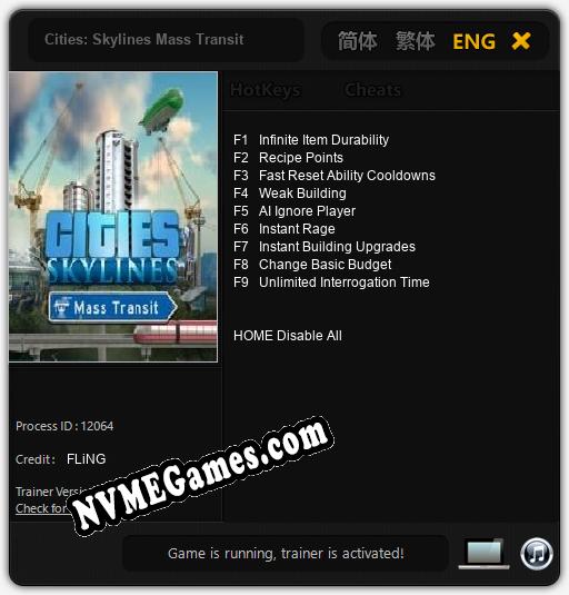 Cities: Skylines Mass Transit: Cheats, Trainer +9 [FLiNG]