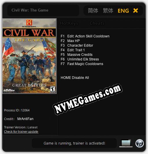 Treinador liberado para Civil War: The Game [v1.0.5]