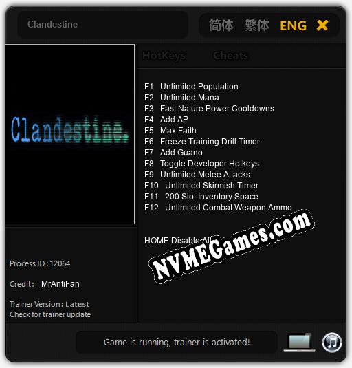 Treinador liberado para Clandestine [v1.0.6]