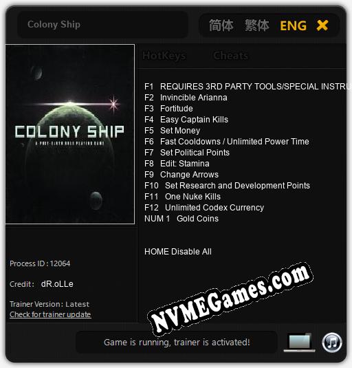 Treinador liberado para Colony Ship [v1.0.3]