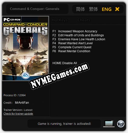 Treinador liberado para Command & Conquer: Generals [v1.0.4]