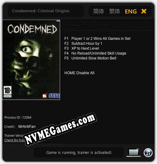 Treinador liberado para Condemned: Criminal Origins [v1.0.2]