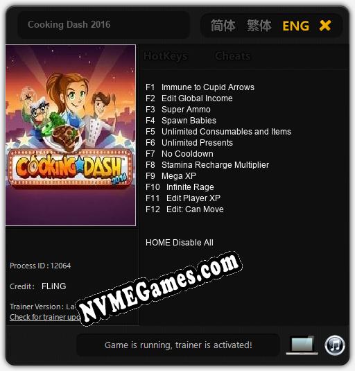 Cooking Dash 2016: Trainer +12 [v1.9]