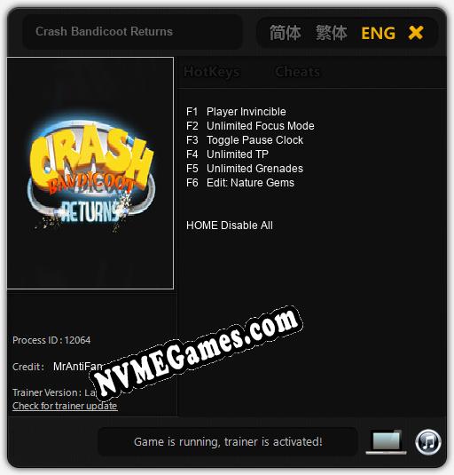 Crash Bandicoot Returns: Treinador (V1.0.80)