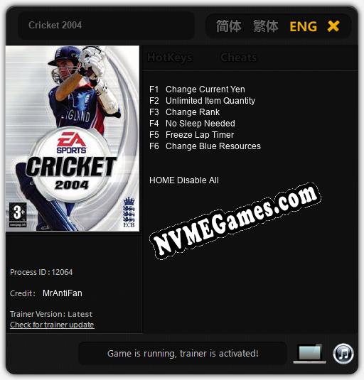 Treinador liberado para Cricket 2004 [v1.0.8]