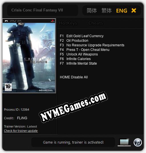 Treinador liberado para Crisis Core: Final Fantasy VII [v1.0.9]