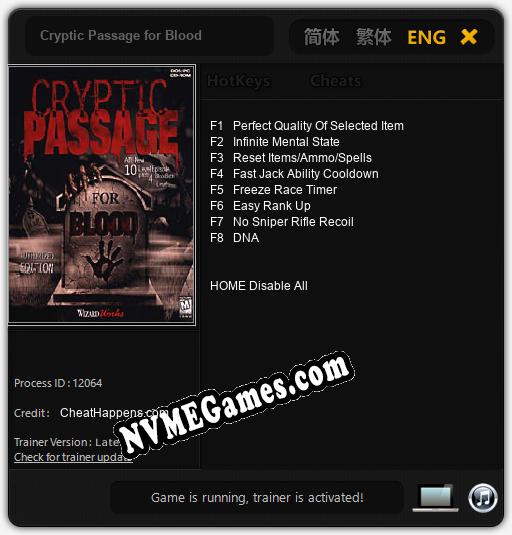 Cryptic Passage for Blood: Treinador (V1.0.96)