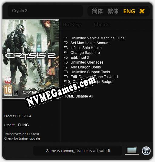 Treinador liberado para Crysis 2 [v1.0.6]